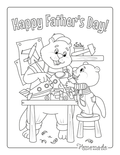 Fathers Day Coloring Pages Cute Beavers Dad Son Making Toy
