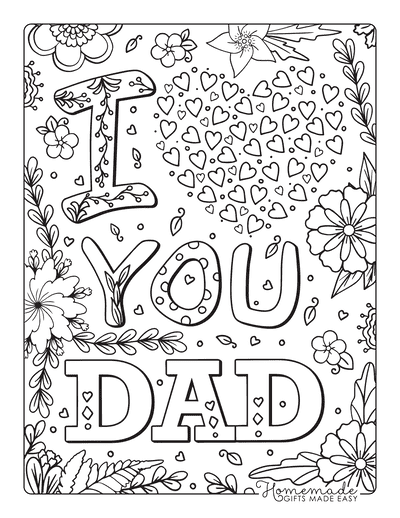 Fathers Day Coloring Pages I Love You Dad Flowers Hearts Doodle