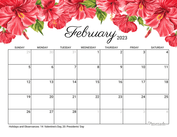 february Calendar 2023 Printable Hibiscus