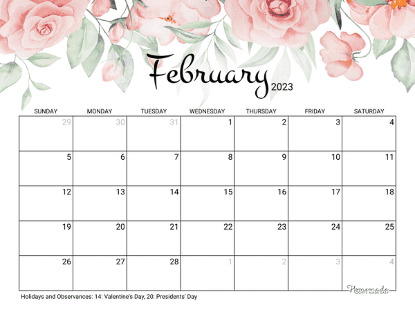 February Calendar 2023 Printable Rose