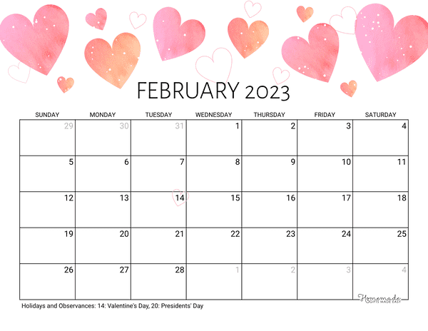 february Calendar 2023 Printable Valentine