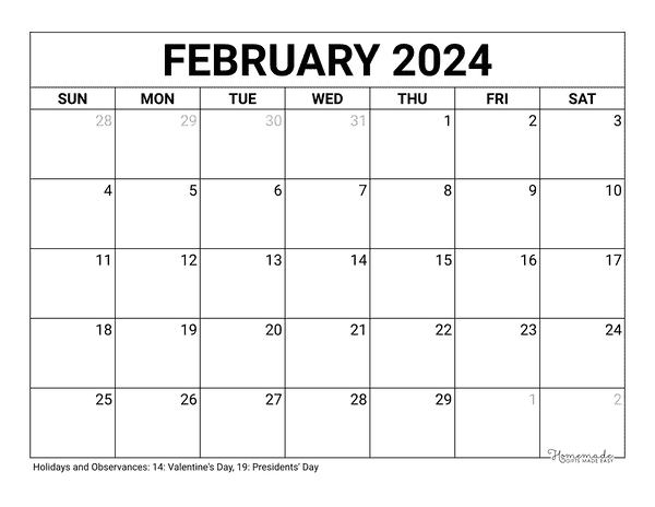 2024 February Calendar Template Blank February Calendar 2024