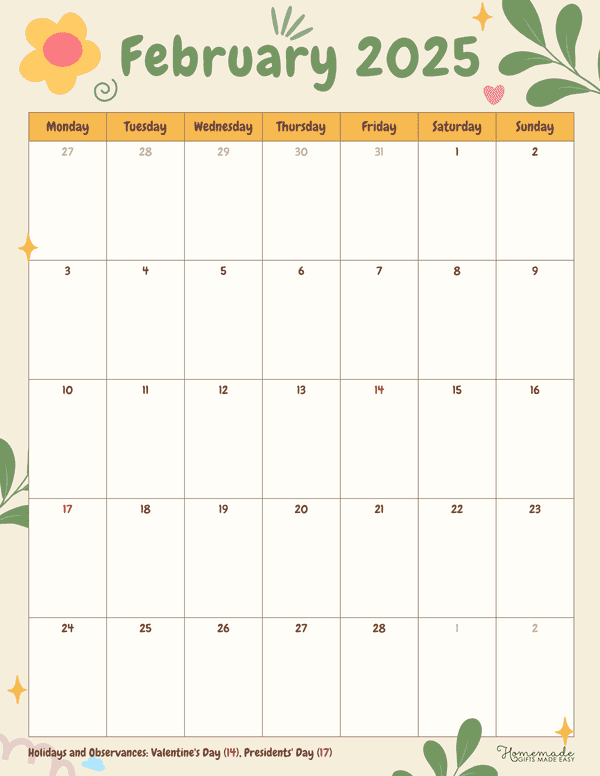 February 2025 Calendar Printable with Holidays
