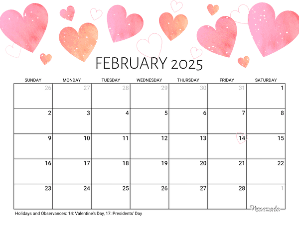 February 2025 Calendar Printable with Holidays