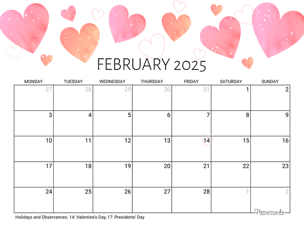 February 2025 Calendar Printable with Holidays
