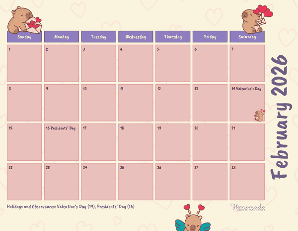 February Calendar 2026 Cute Capybara Valentines