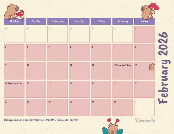 February Calendar 2026 Cute Capybara Valentines Monday Start