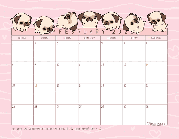 February Calendar 2026 Cute Pink Pug