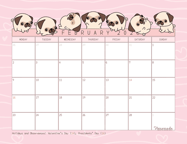 February Calendar 2026 Cute Pink Pug Monday Start