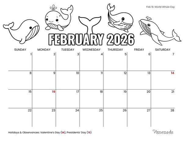 February Calendar 2026 Cute Whales to Color