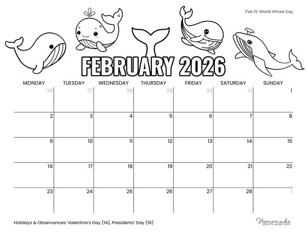 February Calendar 2026 Cute Whales to Color Monday Start
