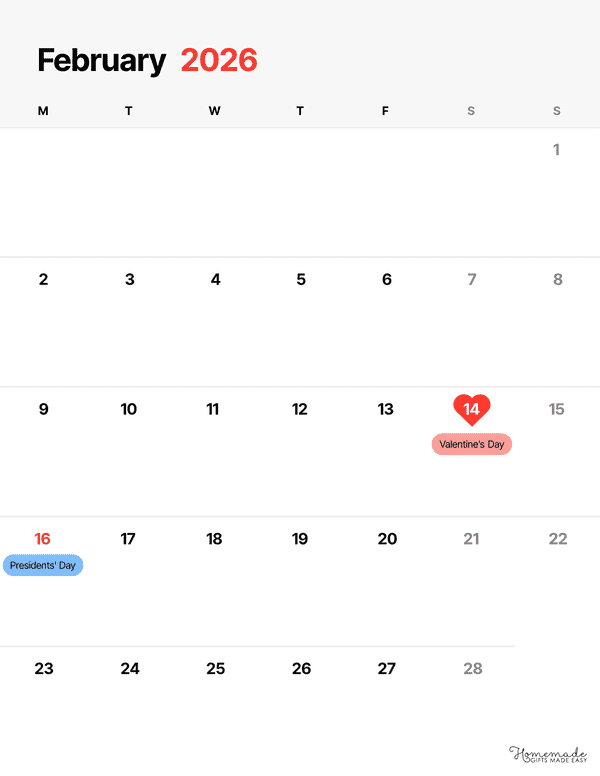 February Calendar 2026 Minimalist Phone Calendar Portrait Monday Start