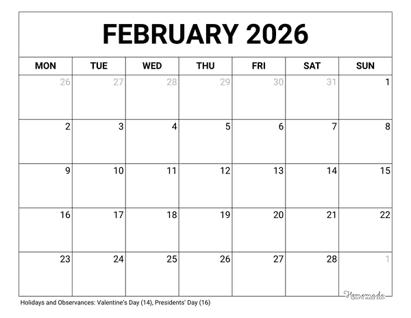 February Calendar 2026 Printable Blank Monday Start