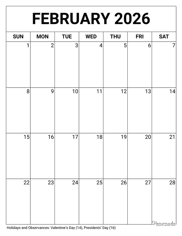 February Calendar 2026 Printable Blank Portrait