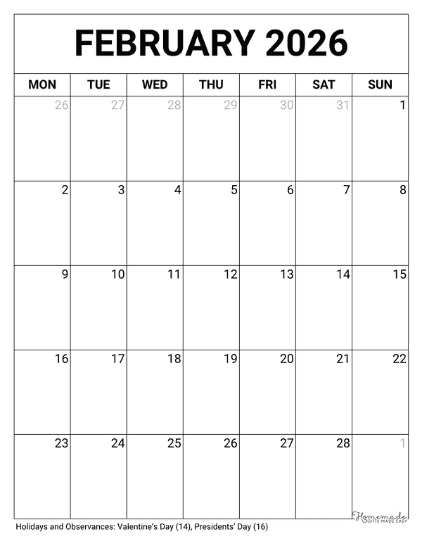 February Calendar 2026 Printable Blank Portrait Monday Start