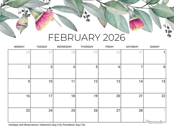 February Calendar 2026 Printable Eucalyptus Monday Start