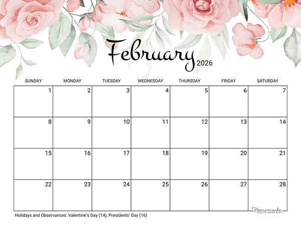 February Calendar 2026 Printable Rose