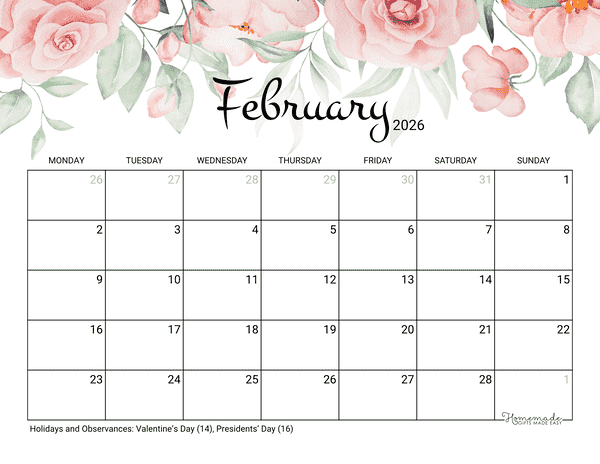 February Calendar 2026 Printable Rose Monday Start