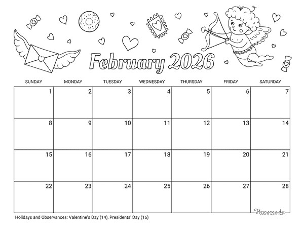 February Calendar 2026 Printable Valentine to Color Landscape
