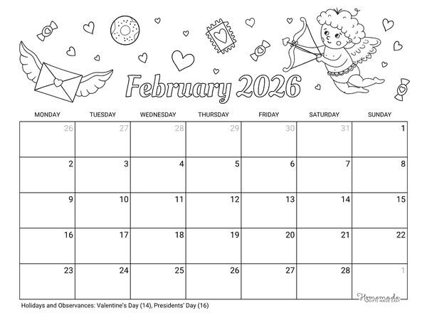 February Calendar 2026 Printable Valentine to Color Landscape Monday Start