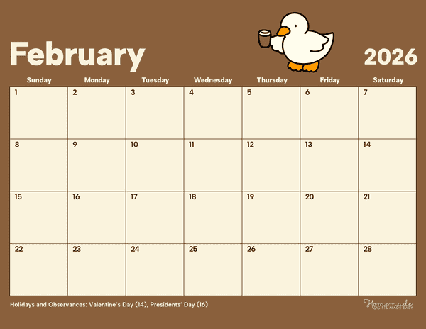 February Calendar 2026 Simple Cute Coffee Calendar