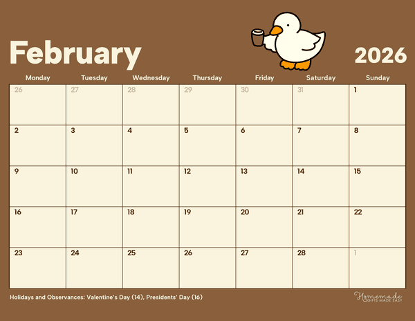 February Calendar 2026 Simple Cute Coffee Calendar Monday Start
