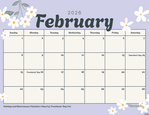 February Calendar 2026 Simple Lilac and Daisies