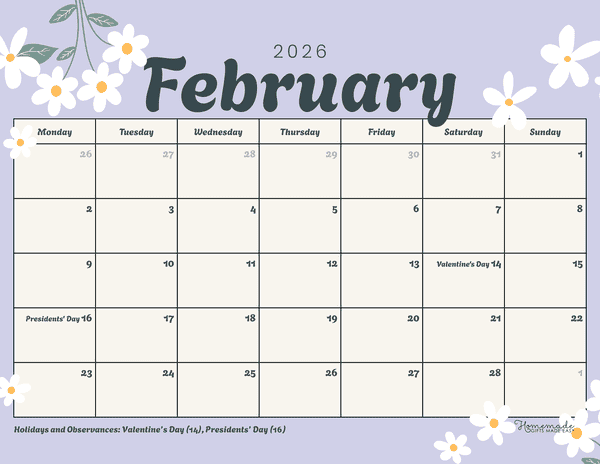 February Calendar 2026 Simple Lilac and Daisies Monday Start