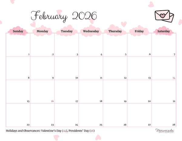 February Calendar 2026 Simple Pink Valentines