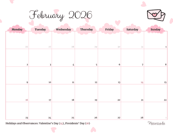 February Calendar 2026 Simple Pink Valentines Monday Start