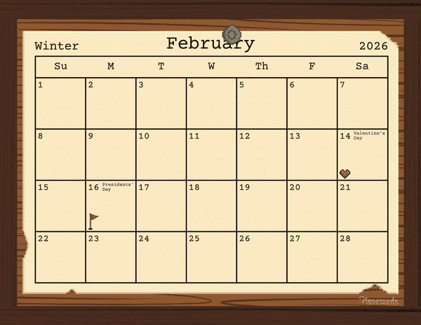 February Calendar 2026 Simple Pixel Art Bulletin Board