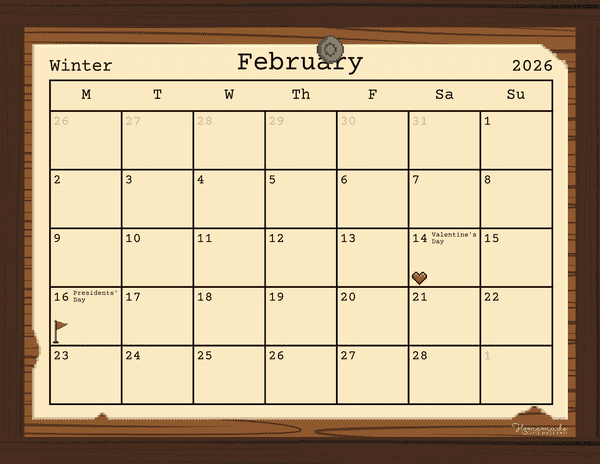 February Calendar 2026 Simple Pixel Art Bulletin Board Monday Start
