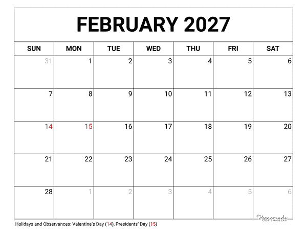 February Calendar 2027 Printable Blank