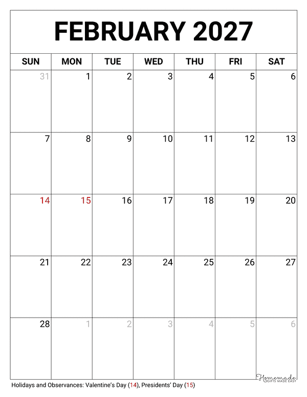 February Calendar 2027 Printable Blank Portrait