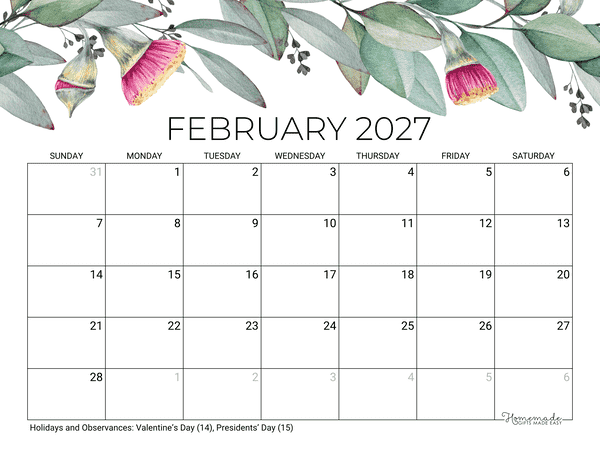February Calendar 2027 Printable Eucalyptus