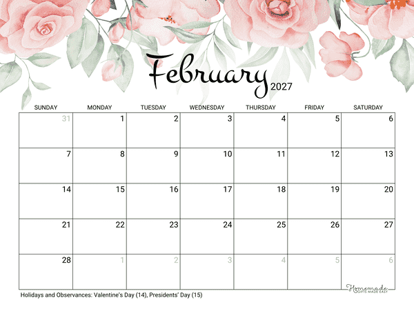 February Calendar 2027 Printable Rose