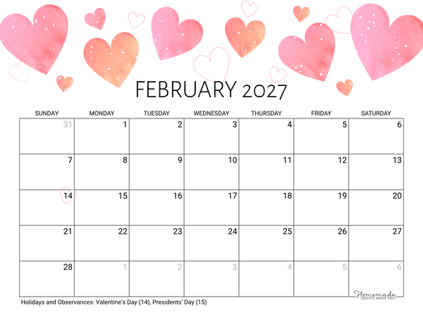 February Calendar 2027 Printable Valentine Landscape