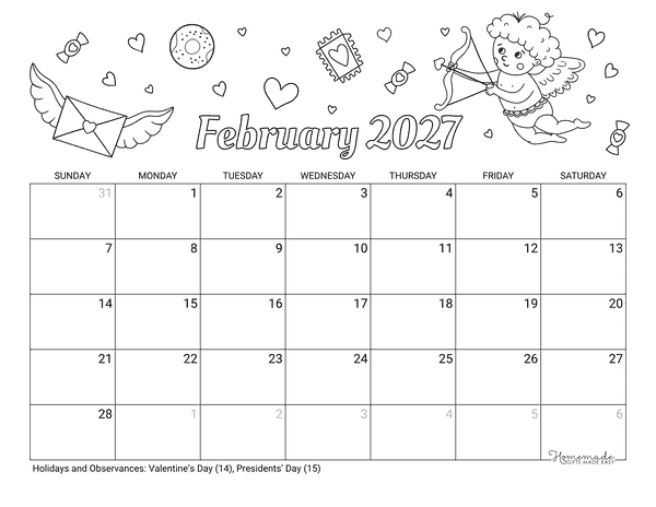 February Calendar 2027 Printable Valentine to Color Landscape
