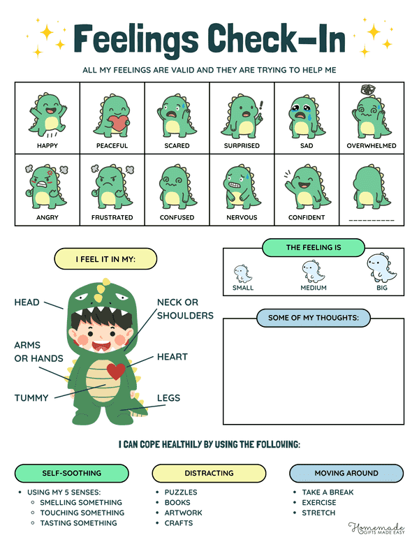 Feelings Charts Cute Dinosaur Feelings Check in for Kids