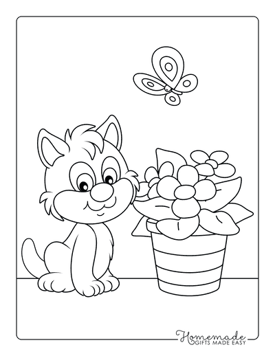 Flower Coloring Pages Cute Cat Flower Pot Butterfly