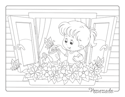 Little girl watering flowers out of a window coloring page