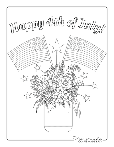 Fourth of July Coloring Pages Bouquet Flowers Flags Stars