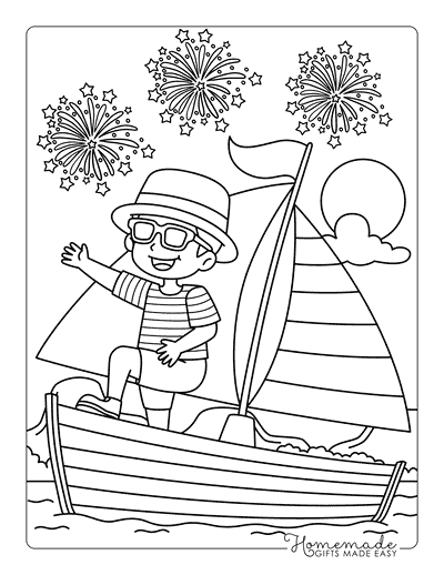 Fourth of July Coloring Pages Cool Boy on a Sailboat With Fireworks