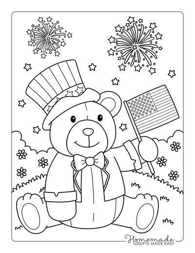 Fourth of July Coloring Pages Cute Teddy Bear With Us Flag