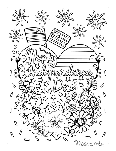 Fourth of July Coloring Pages Doodle Fireworks Heart Stars Stripes Flowers