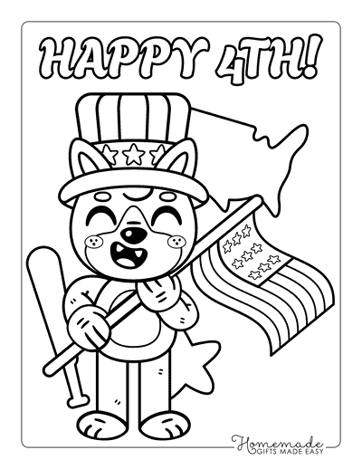 Fourth of July Coloring Pages Easy Cute Fox Holding Us Flag for Kids