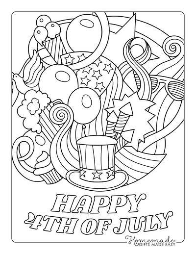 Fourth of July Coloring Pages Hat Glasses Stars Crackers Doodle