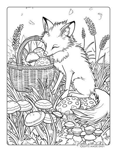 Fox Coloring Pages Realistic Tired Fox Collecting Mushrooms Adults