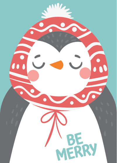 Free Printable Christmas Card Be Merry Penguin in Hat