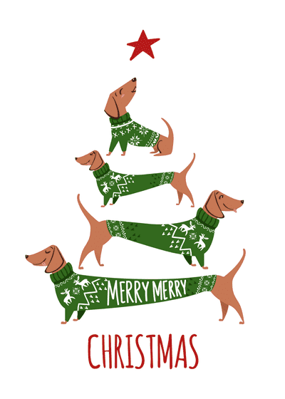 Free Printable Christmas Card Cute Dog Dachshund Christmas Tree Sweaters